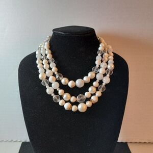 Vintage 3 Strand White/Clear Beaded Graduated Necklace